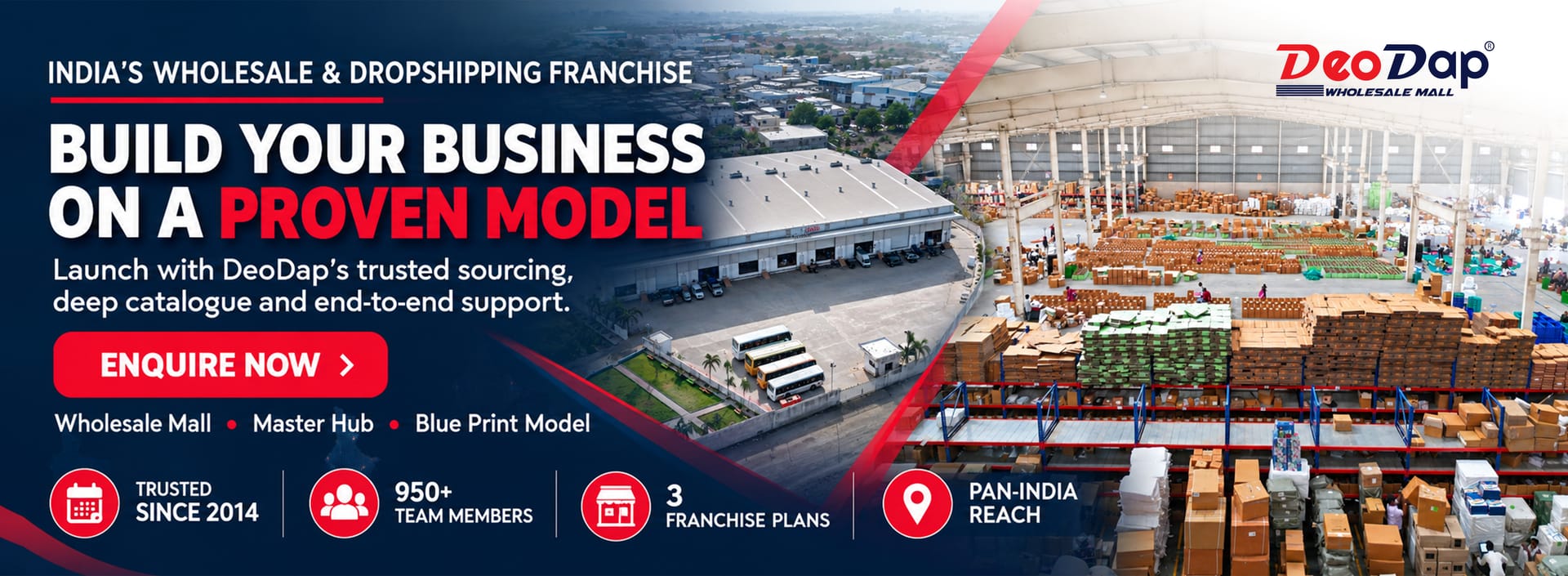 India's wholesale and dropshipping franchise — build your business on a proven model. Wholesale Mall, Master Hub and Blue Print plans. Trusted since 2014, 950+ team members, 3 franchise plans, pan-India reach.