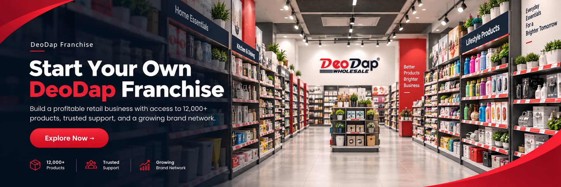 Start your own DeoDap franchise — build a profitable retail business with access to 12,000+ products, trusted support and a growing brand network.